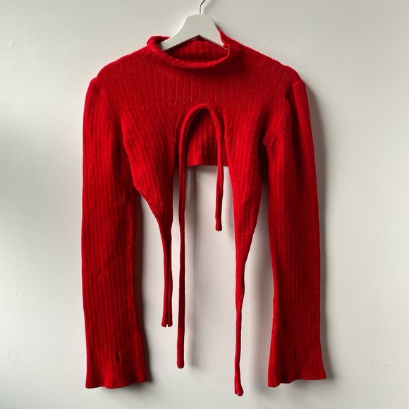 Ottolinger Sweaters - Ottolinger - Red Cropped Turtleneck Sweater with Drawstring Detail